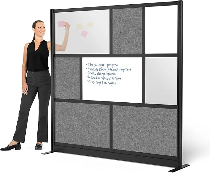 Stand Up Desk Store Workflow Modular Wall | 53'' x 48'' Wall | Expandable Partition Room Divider with Rearrangeable Frosted Acrylic, Sound Absorbent and Whiteboard Panels (Black Frame)