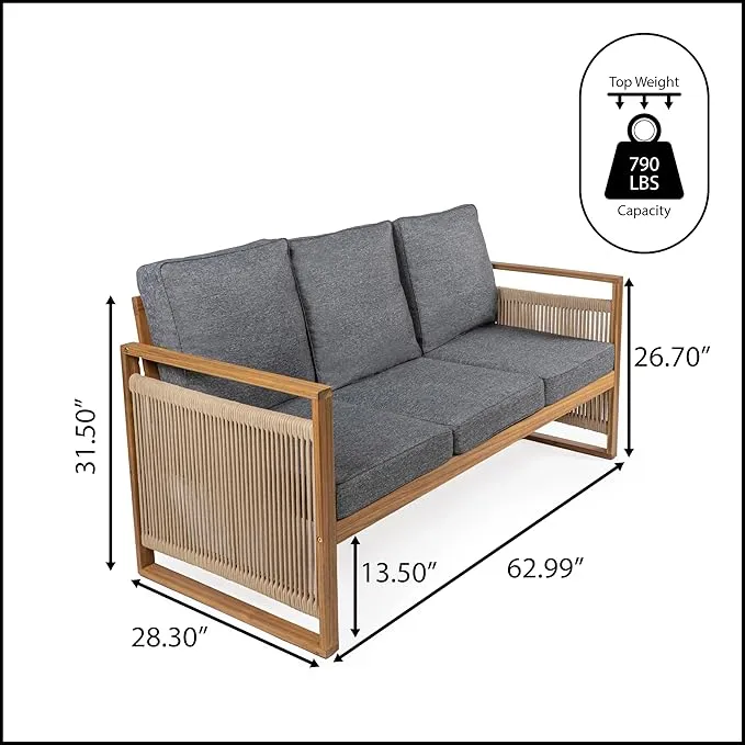 JONATHAN Y SFB1002B Gable 3-Seat Mid-Century Modern Roped Acacia Wood Outdoor Sofa with Cushions Scandinavian, Classic, Transitional, Industrial for Backyard, Patio, Porch, Gray/Teak Brown