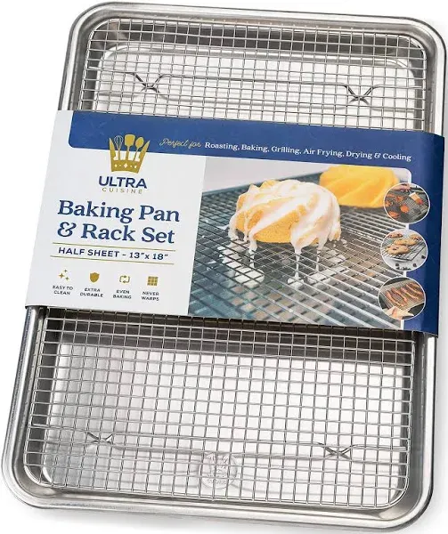 Ultra Cuisine Aluminum Baking Sheet with Stainless Steel Cooling Rack Set – Half Sheet Size Pan 13 x 18 inch, Durable Rimmed Sides, Easy Clean, Commercial Quality for Cooking and Roasting