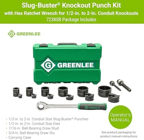 Greenlee 7238SB Slug-Buster Knockout Punch Kit with Hex Ratchet Wrench, 1/2" to 2" Punches, and 7/16" and 3/4" Draw Studs, Electrical Conduit Hole Cutter Kit