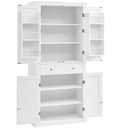 72”H Kitchen Pantry Cabinet with 4 Doors and 1 Drawer, Freestanding Tall Storage Cupboard with 6 Hanging Shelves and Adjustable Shelves for Kitchen, White