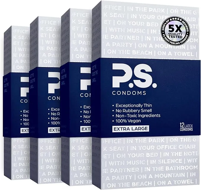 PS Condoms Extra Large Latex Condoms for Men - Odorless and 100% Vegan - Exceptionally Thin, Lubricated, and Clear Condoms - XL 48 Pack