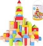 Pidoko Kids Wooden Building Blocks Set - 100 Pcs - Includes Carrying Container - Hardwood Plain & Colored Wood Block for Boys