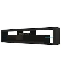 Meble Furniture Milano 200 TV Stand - Floating Modern High Gloss TV Stand with Storage Cabinets and LED Lights - Wall Mounted Media Entertainment Center Console Stand for TVs Up to 90" - Black