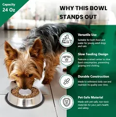 Iconic Pet Set of 2 Stainless Steel Non-Skid Slow Feed Bowls for Large Dogs (48 oz) - Ideal for Food and Water, Durable Design with Raised Center