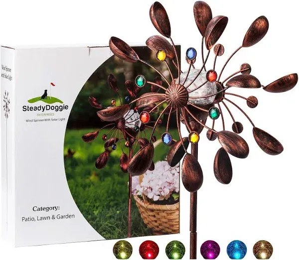 SteadyDoggie Solar Wind Spinner Jewel Cup 75in Tall Multi-Color LED Light Display