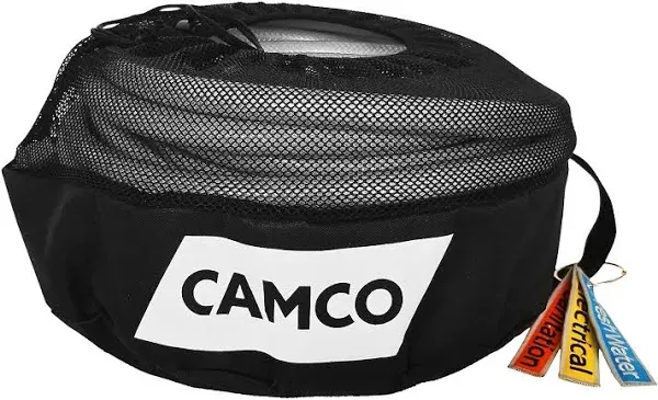 Camco Camper/RV Equipment Storage Bag | Features Lined Interior w/Breathable Mesh Top & Barrel Lock Clasp | Includes 3 Id Tags for RV Storage and Organization | 16” in Diameter x 10” Deep (53097)