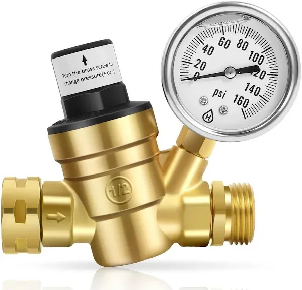 RV Water Pressure Regulator with Gauge, Adjustable Brass Lead-free Water Pressure Regulator for RV Camper, RV Pressure Regulator Water, Water Pressure Regulator for RV Camper, Travel Trailer