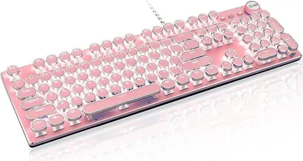 Basaltech Mechanical Gaming Keyboard and Mouse Combo, Retro Steampunk Vintage Typewriter-Style Keyboard with LED Backlit, 104-Key Anti-Ghosting Blue Switch Wired USB Metal Panel Round Keycaps, Pink