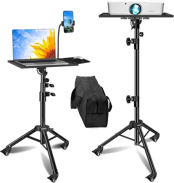 Projector Stand, Laptop Tripod Stand from 29" to 69" with Mouse Tray & Wheels, Adjustable Height DJ Racks Stand with Gooseneck Phone Holder, for Office, Home, Stage, Studio, 1 Pack Black