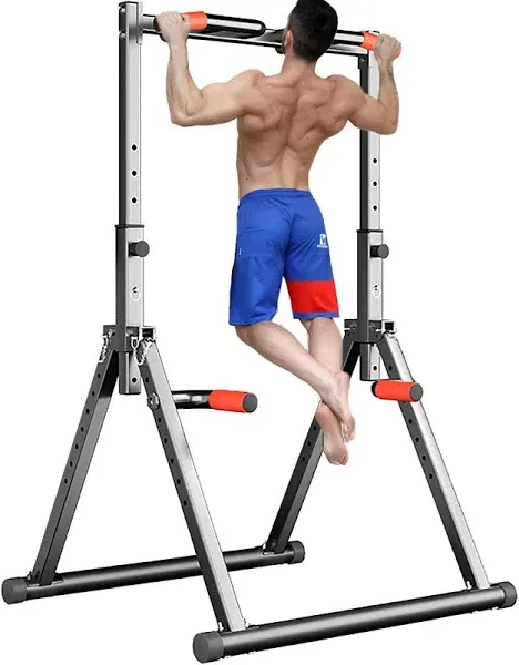 DOBESTS Foldable Power Tower Dip Station Pull Up Bar Station Adjustable Multifunction Fitness Tower Station Training Equipment Home Outdoor, Stable Triangular Structure