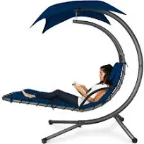 Outdoor Hanging Curved Steel Chaise Lounge Chair Swing W/Built-In Pillow and Rem