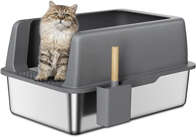 Zarler Stainless Steel Litter Box with Lid, Extra Large Cat Litter Box, XL Large Metal Litter Box for Big Cats with High Sided, Grey (Non-Sticky, Easy to Clean, Anti-Urine Leakage)