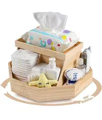 Wooden Diaper Caddy Organizer - 360 Degrees Rotating Caddy with Removable