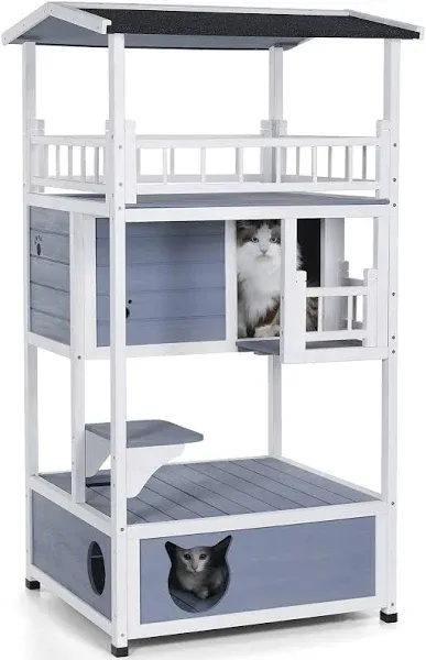 Petsfit 4-Level Outdoor Cat House with Sun Deck, Cozy Sleeping Quarters, Jumping Platform, and Play Area - Cat Condo Perfect for Cats Light Blue