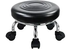 Modern Roller Seat PU Leather Low Round Rolling Stool 360° Swivel Small Stool with Universal Caster Wheels Foot Stool for Home Office Garage Shop Fitness Sport H：8.4" （Black）