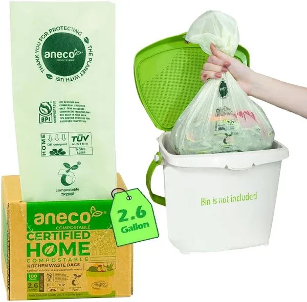 ANECO 100% Compostable Waste Bags 2.6 Gallon, Extra Thick Kitchen Small Compost Bags for Countertop Bin (100 Count)