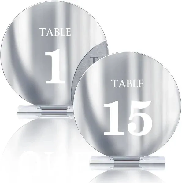 Acrylic Wedding Table Numbers 1-15 with Stands,4.8"Round Mirror Silver Table Number Signs and Holders for Wedding Reception, Party, Event, Centerpiece Decoration(Silver, 1-15)