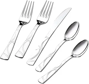 I00000 300pcs Silver Plastic Silverware - Silver Plastic Cutlery Set - Disposable Flatware Dinnerware Includes 100 Silver Forks, 100 Silver Spoons, 100 Silver Knives Plastic Utensils for Party&Wedding