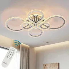 Modern Ceiling Light Fixture LED Chandelier Remote Control Dimmable 3000K-6500K Metal Polished Acrylic Flush Mount Lamp Suitable Living Room Bedroom Dining Room Kitchen (Polished Chrome, 6 Rings)