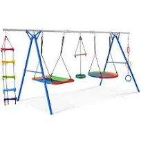 5 in 1 Outdoor Toddler Swing Set for Backyard, Playground Swing Sets with Steel Frame, Multifunction Playsets for Kids with Climbing Ladder, Saucer Swing, Monkey Bar Swing, Disc Swing and Swing Ring