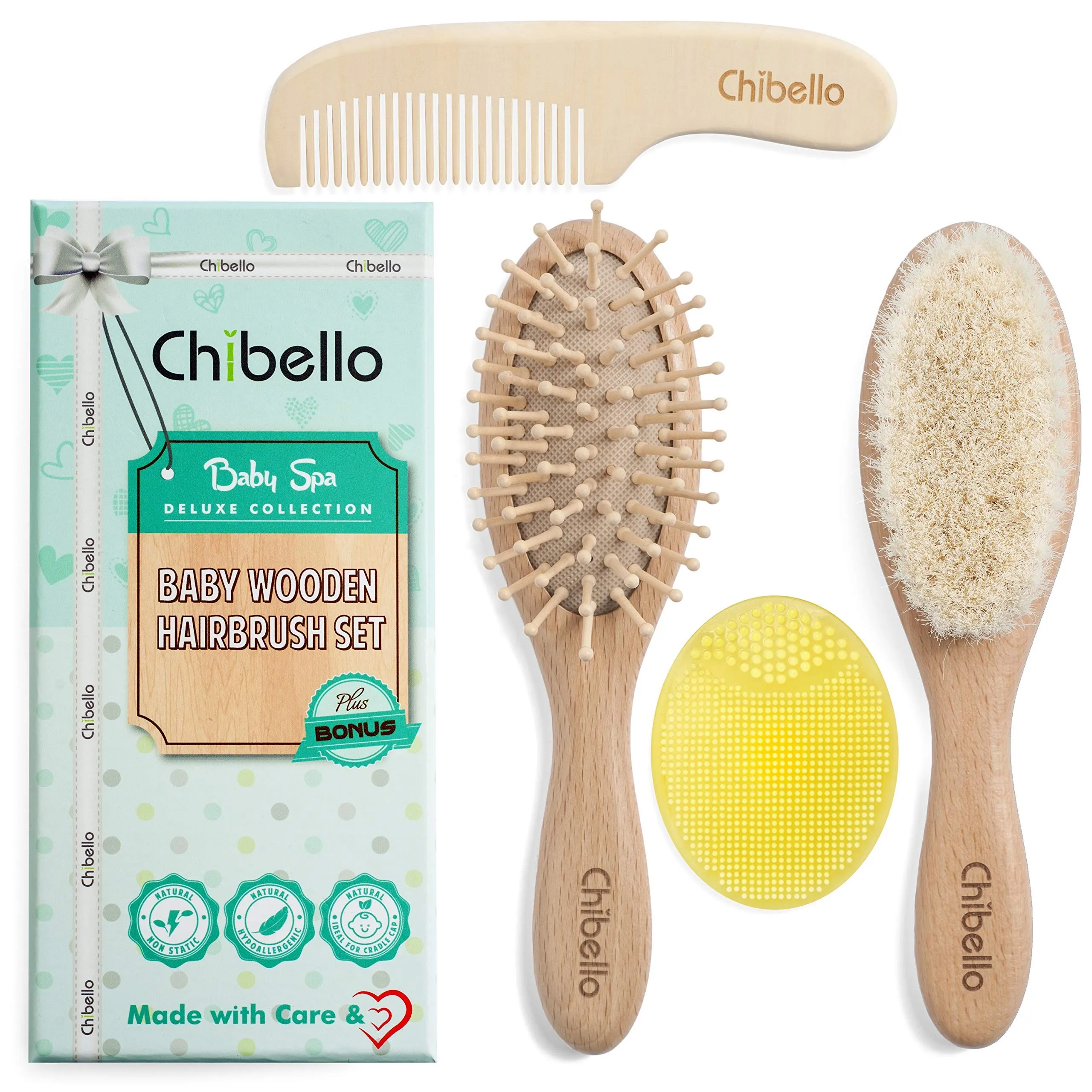 Chibello Baby Hair Care Set - 4 Piece Wooden Brush and Comb Set with Natural Goat Bristles, Ideal for Preventing Cradle Cap, Perfect for Baby Shower and Registry