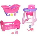 JC Toys Deluxe Doll Accessory Bundle Featuring High Chair, Crib, Bath and Accessories for Dolls Up to 11 Inch.