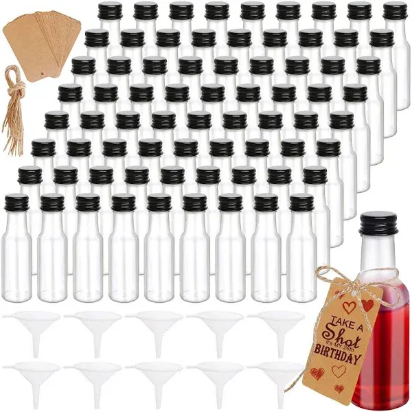 72 Pack Mini Liquor Bottles, Empty Plastic Spirit Bottles with Black Cap,1oz/30ml Mini Alcohol Bottles with 10 Funnels, 72 Tag and Ropes, Miniature Bottles for Weddings,Party Favors