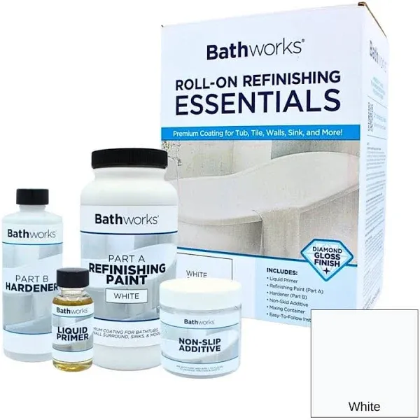 Bathworks DIY Quick Dry White Bathtub & Tile Refinishing Kit w/Non-Slip Protection; 22 oz; Fast 12 Hour Dry time; Tub; Tile; Wall Surround; Sink; High Gloss Resin Finish (White)