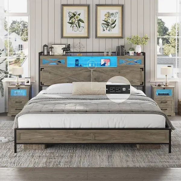 Hasuit Farmhouse Bed Frame King Size with LED Lights and Charging Station, Rustic Platform King Bed with Storage Headboard with Sliding Barn Door, No Box Spring Needed, Rustic Oak