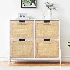 Idealhouse Natural Rattan 4 Flip Door Shoe Cabinet Organizer Freestanding Shoe Rack Storage Cabinet for Entryway with 3-Tier Adjustable Shelves