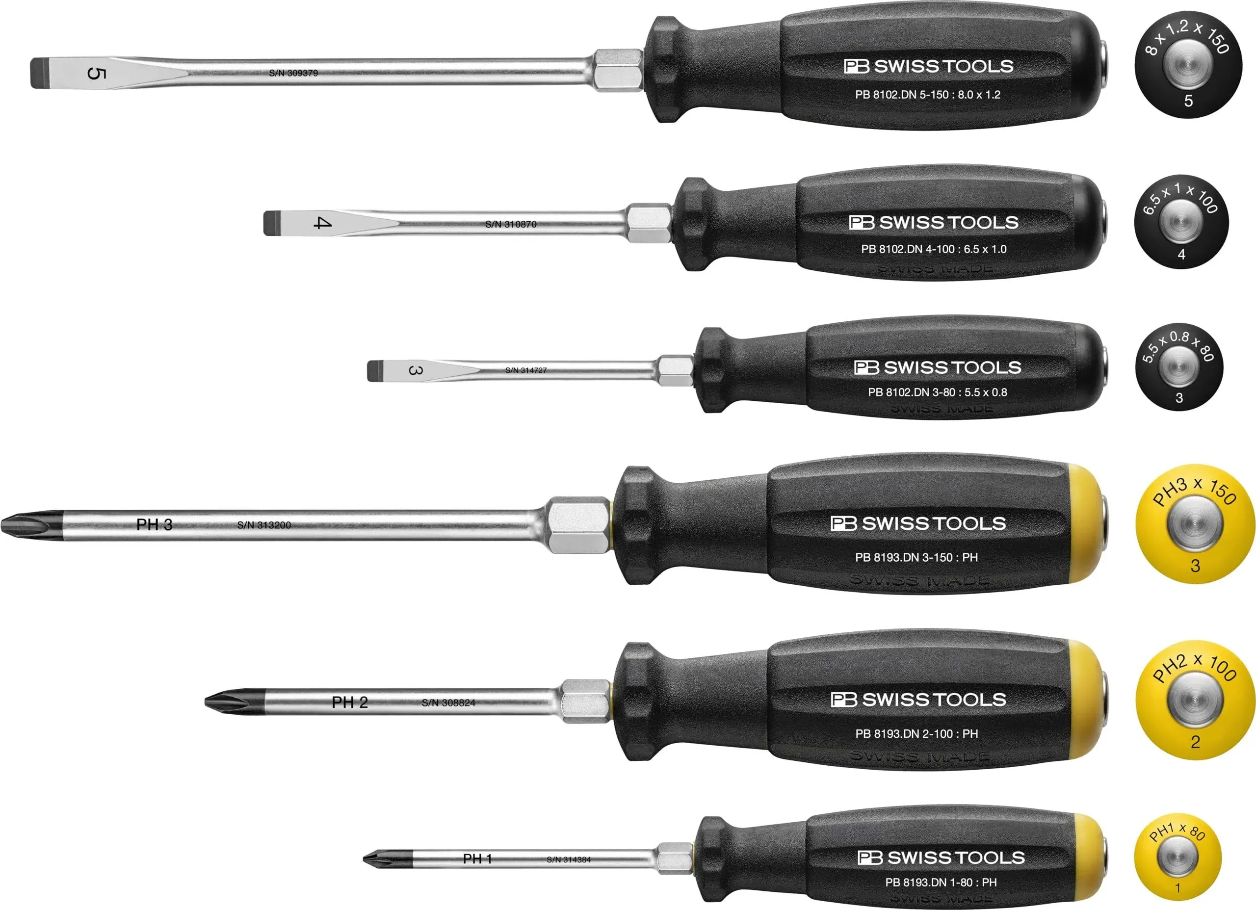 PB Swiss Tools Phillips and Slotted Screwdriver Set PB 8249.DN | 100% Swiss Made | 6-piece Screwdriver Set with going-through Blade for Effective Transfer of Energy - Bulls Eye Effect