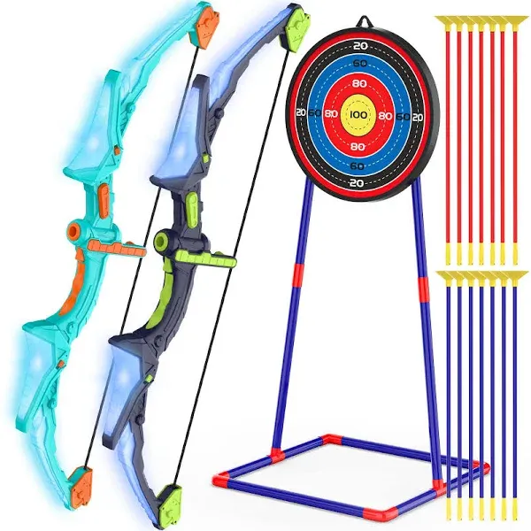 Kmuxilal 2023 2 Pack Kids Bow and Arrow Set with LED Flash Lights, 14 Suction Cup Arrows and Fluorescence Standing Target-Perfect Indoor and Outdoor