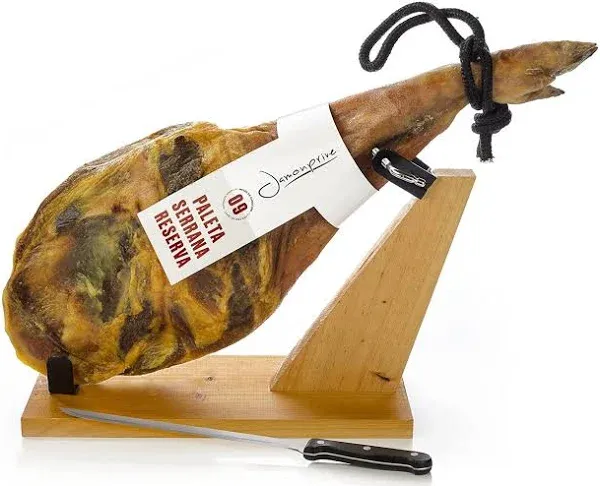 Serrano Ham Shoulder Bone in from Spain Approx. 10-11 lb + Ham Stand & Knife - Cured Spanish Jamon - No Nitrates or Nitrites All Natural - GMO & Glut