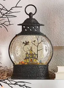 10 Inch Lighted Haunted House Water Lantern In Swirling Glitter