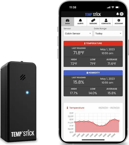 Temp Stick Remote WiFi Temperature & Humidity Sensor, Data Logger. No Subscription. 24/7 Monitor, Unlimited Text, App & Email Alerts. Made in America. Use with Alexa, IFTTT. Monitor Anywhere, Anytime