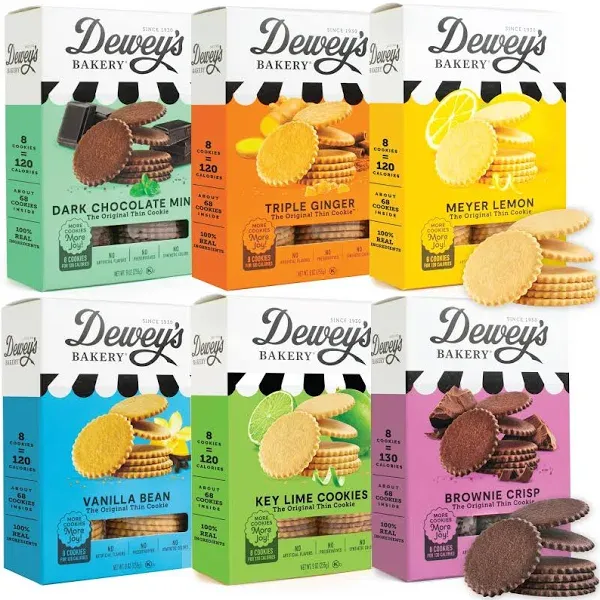 NEW! Dewey's Bakery Complete Cookie Collection | Meyer Lemon, Brownie Crisp, Triple Ginger, Vanilla Bean, Dark Chocolate Mint Cookies, Key Lime Moravian Cookie Thins| 9 oz (Pack of 6)