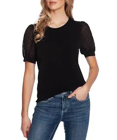 6. CECE Puff Sleeve Mixed Media Top Black XL NWT