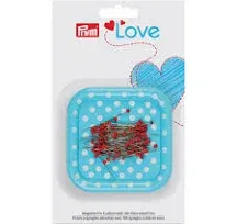 Magnetic Pin Holder with 100 Pins - Blue Polka Dot Magnetic Pin Cushion by Prym Love - Magnetic Tray Paperclip Holder - Sewing & Quilting