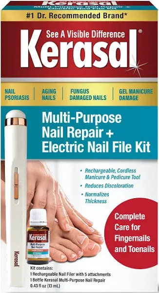 Kerasal Multi-Purpose Nail Repair and Electric Nail File Kit - Nail Repair for Damaged Nails - Nail Care Kit Includes 0.43 fl oz Solution and Electric Nail File