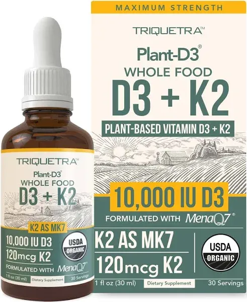 Organic Plant D3 + K2 - 10,000 iu D3 - All-Trans MK7 from MenaQ7 (120 mcg K2) - 100% Organic & Plant-Based Sublingual D3 Drops (Cholecalciferol), 100% Vegan - Supports Immunity, Bone, Mood & Brain