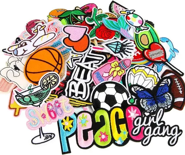 60pcs Random Assorted Styles Embroidered Iron On Patches, DIY Sew Applique Repair Patch Iron on/Sew On Patches for Backpacks,Pants,Clothes,Jeans