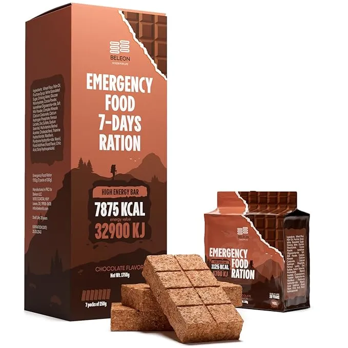 Emergency Food Supply 7-days Chocolate Biscuit Bars MRE Meals Military 2024 Survival Kit - 20 Years Shelf Life Camping Hiking Supplies