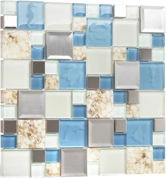 Blujellyfish Blue Sea Glass Tile Backsplash Beach Style Mosaic Tiles Real Seashell Inside (Pack of 5 Sheets)