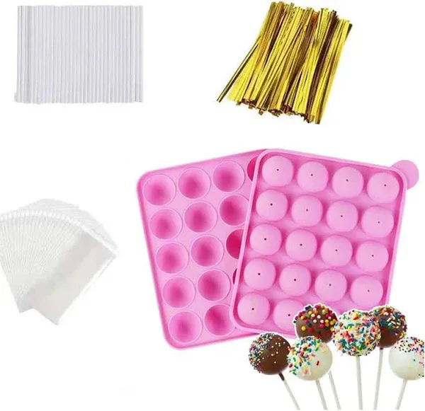 20-Cavity Silicone Cake Pop Mold Set With Lollipop Sticks, Treat Bags, Twist ...