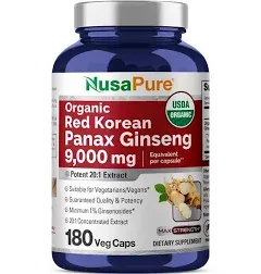 Red Korean Panax Ginseng 9,000mg 180 Veggie Caps (Organic, Non-GMO, Extract 2...