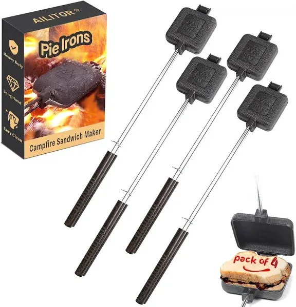 Campfire Sandwich Maker Cast Iron Pack of 4 - Pudgy Pie Maker for Camping, Mountain Pie Cooker