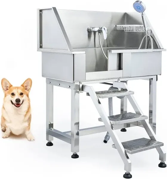 34 Inch Pet Grooming Bath Stainless Steel Washing Tub Removable Dog Stairs 175lb