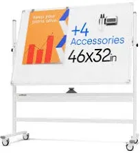 Rolling Dry Erase Board 46 x 32 - Large Portable Magnetic Whiteboard with Stand - Double Sided Easel Style Whiteboard with Wheels - Mobile Standing