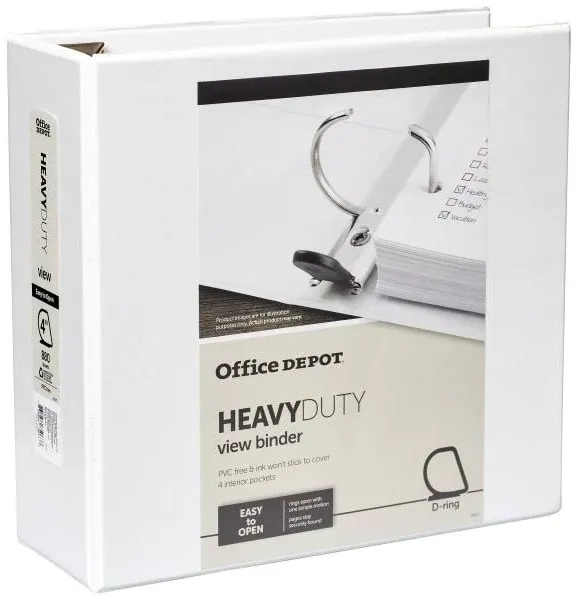 Office Depot&reg; Brand Heavy-Duty View 3-Ring Binder, 4&quot; D-Rings, 49% Recycled, White